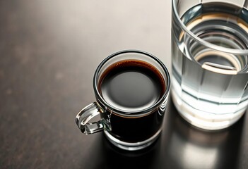 Dark espresso in small cup, alongside clear glass of water,  food,  simple