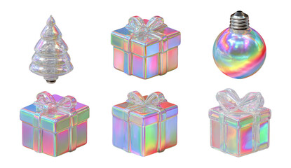 Shiny Glass Objects with Colorful Holographic Effect on Transparent Background