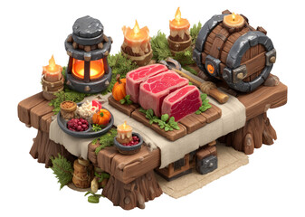 Rustic Kitchen Table Display with Meat, Candles, and Decorative Items