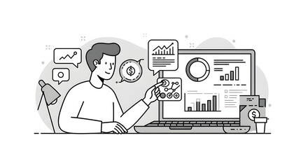 A man looking at a laptop screen with graphs on it for business presentation, website design, technology blog, or digital marketing