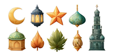 Ornate Islamic Elements and Decorations: Icons in Various Shapes and Colors