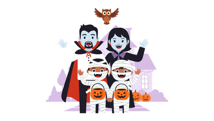 Spooky Halloween Gathering: A charming illustration features a family dressed in Halloween costumes, including a vampire, mummy, and owl, standing in front of a haunted house.