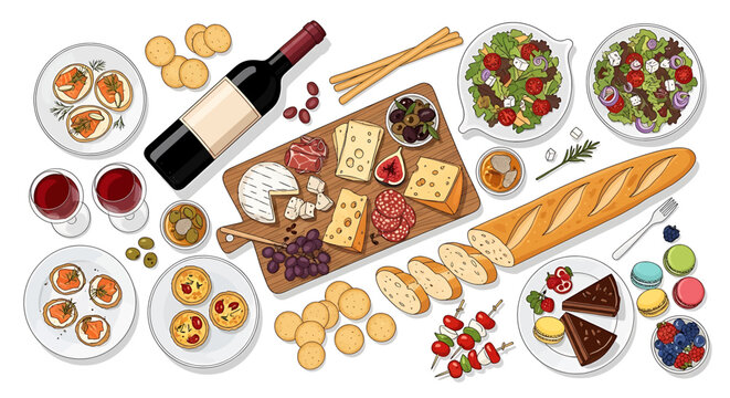 An overhead view of a lavish picnic spread featuring a cheese board, wine, baguettes, salads, appetizers, and desserts.