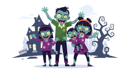 Zombie Family in front of haunted house: A lively zombie family with their undead children gleefully raises their arms against the backdrop of a foreboding haunted house on a spooky Halloween night.