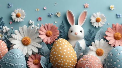 Easter Bunny and Decorated Eggs among Spring Flowers
