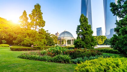 Urban park with gazebo, lush greenery, and modern skyscrapers