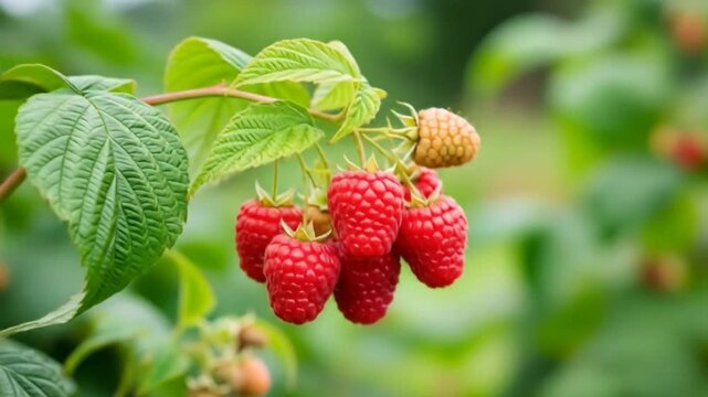 A cluster of ripe red raspberries hanging from a green leafy branch in a garden.