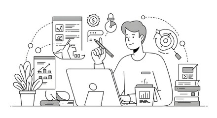 A man sitting at a desk with a laptop and a phone for business presentation, website design, technology blog, or digital marketing