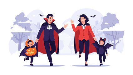 Halloween Family Parade: A vibrant illustration captures a family's festive walk. They're dressed in Halloween costumes, full of joy, creating a memorable seasonal moment.