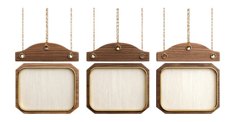 Three Wooden Signs with Chains Hanging on Transparent Background