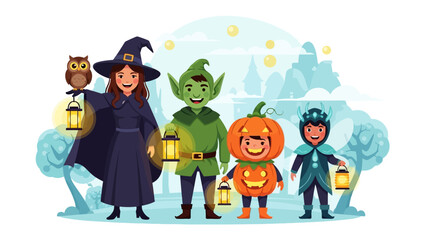 Halloween Friends' Gathering: A charming illustration showcases a witch, an elf, a pumpkin-headed figure, and a superhero, gathered in a festive environment and carrying lanterns.