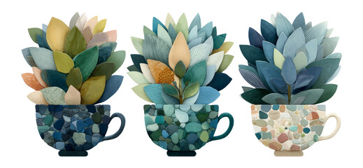 Colorful Leafy Arrangements in Decorative Cups with Transparent Background