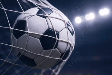 Naklejka premium Soccer ball hitting net in glowing stadium under bright lights. Concept of goal celebration, victory, energy, competition, and dramatic football photography.
