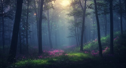 Fototapeta premium Sunlit Forest Path with Green Grass Pink Flowers Misty Light in Natural Setting