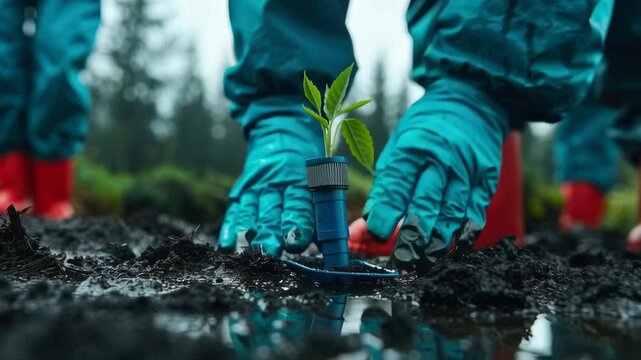 Hand blue glove planting seedling wet soil and mud, environmental research, scientist fieldwork, teamwork, nature conservation, pollution testing