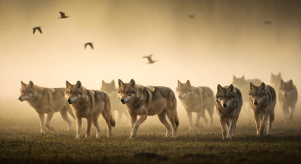 Obraz premium Wolves move through misty golden landscape with ethereal lighting.
