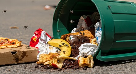 A green trash bin tipped over with food waste attracting flies in the sunlight.