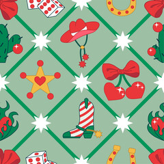 Cowgirl Christmas Seamless pattern. Cowboy western theme,  Boot, Cactus like Christmas Three, Hat, Heart in Red and Green Christmas Style. Hand-drawn vector print for Wrapping paper, New Year Party.
