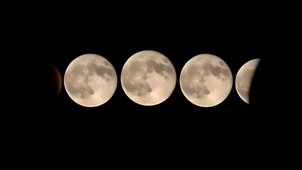 Obraz premium Five moon phases each depicting a unique scientific phenomenon artistically.