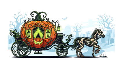 Fototapeta premium Halloween Pumpkin Carriage: An eerie illustration of a pumpkin carriage, pulled by a skeletal horse, rolls through a spooky graveyard, embodying the essence of Halloween. 