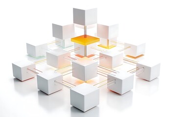 Obraz premium Modern blockchain network with interconnected white cubes for secure digital transactions and advanced data management, ideal for technology presentations