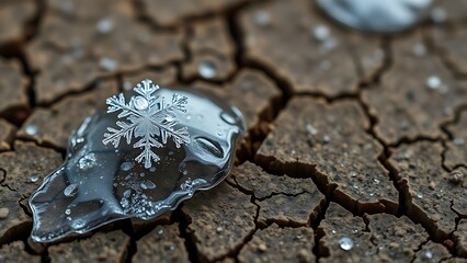 Macro view of a single, delicate snowflake melting on dry, cracked earth, symbolizing climate fragility.