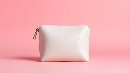 Fototapeta premium Elegant cosmetic bag on soft pink background, highlighting texture and design.
