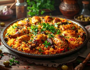 A large platter of Kabsa, a Middle Eastern rice dish, topped with roasted chicken pieces, olives, and fresh parsley, presented in a rustic setting.
