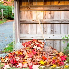 Colorful autumn leaves piled high, rakes beside