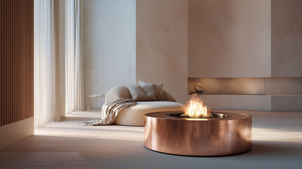 Stylish modern living room with golden cylindrical fireplace and elegant cozy interior