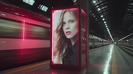 Fashion advertising billboard with female model at train station with neon red light
