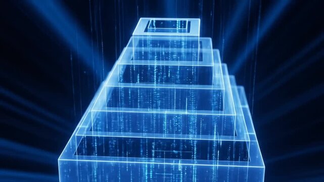 Abstract Blue Glowing Digital Pyramid Structure Representing Data Hierarchy and Technological Concepts on Dark Background