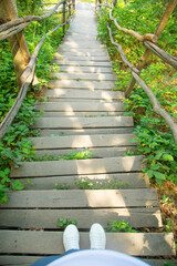 Wooden stairs in outdoor. Summer. Armenia
