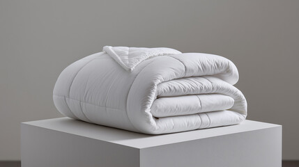 Minimalist folded white blanket on display pedestal with clean background