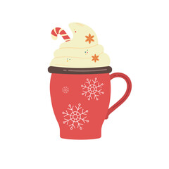 Christmas Hot Chocolate in Red Mug with Whipped Cream and Candy Cane – Vector Illustration.