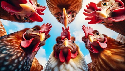 A close-up shot from a low angle of several chickens gathered in a circle, showcasing their colorful feathers and distinct expressions, creating a humorous and lively scene.