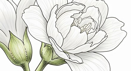 Delicate white peony flower sketch with green leaves and bud