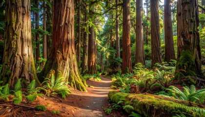 Pathway through a serene redwood forest with lush ferns and mossy logs