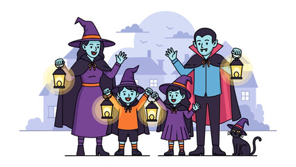 Halloween Family Illustration: A spooky illustration captures a family in playful costumes, holding lanterns against the backdrop of a Halloween night. A perfect illustration.