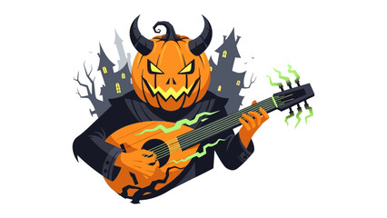 Spooky pumpkin musician: A wickedly fun Halloween character serenades with a guitar. This illustration embodies the playful spirit of the holiday.