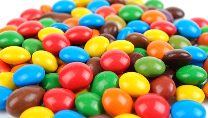 Fototapeta premium A close-up view of brightly colored, round candies, a delightful assortment of chocolate-covered treats displayed in a vibrant and appetizing arrangement.