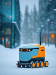 Fototapeta premium Electric Vehicle Tire Care: Machine Rolling on Snowy Terrain