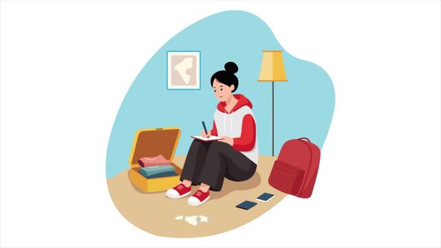 Girl Unpacking at Destination 2D Flat Animation MP4 file