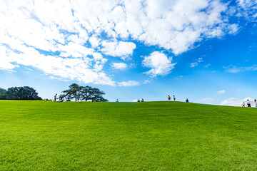 푸른 언덕을 지나는 사람과 하늘 풍경