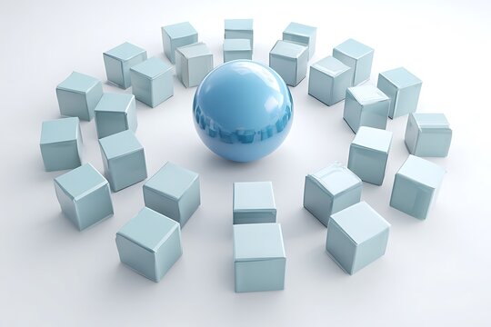 Central blue sphere surrounded by orbiting light blue cubes creating a dynamic digital abstract composition symbolizing connection and innovation - Powered by Adobe