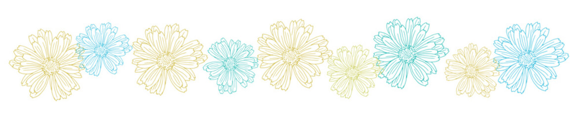 Seamless floral border with hand-drawn daisies in yellow and blue tones