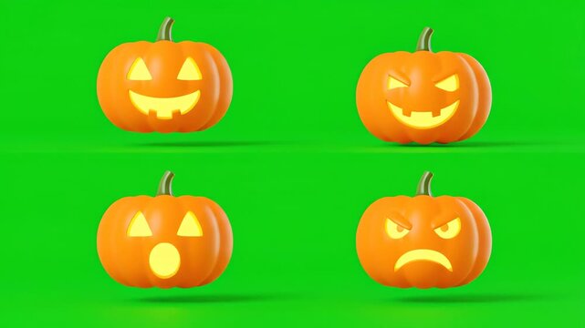 Four jacko'lanterns displaying different facial expressions against vibrant green screen evoke spooky and festive Halloween spirit.