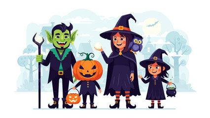 A Spooktacular Gathering: A whimsical illustration captures the enchanting essence of Halloween, showcasing a friendly goblin, a charming witch with her owl companion, a grinning jack-o'-lantern.