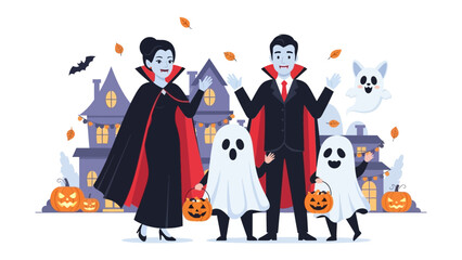 Halloween Family Gathering: A cartoon family, embracing the Halloween spirit with whimsical costumes and a spooky ambiance.