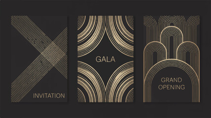 Luxurious trio of elegant abstract Art Deco templates with golden geometric patterns on a sophisticated dark background, ideal for premium event invitations and upscale branding designs
